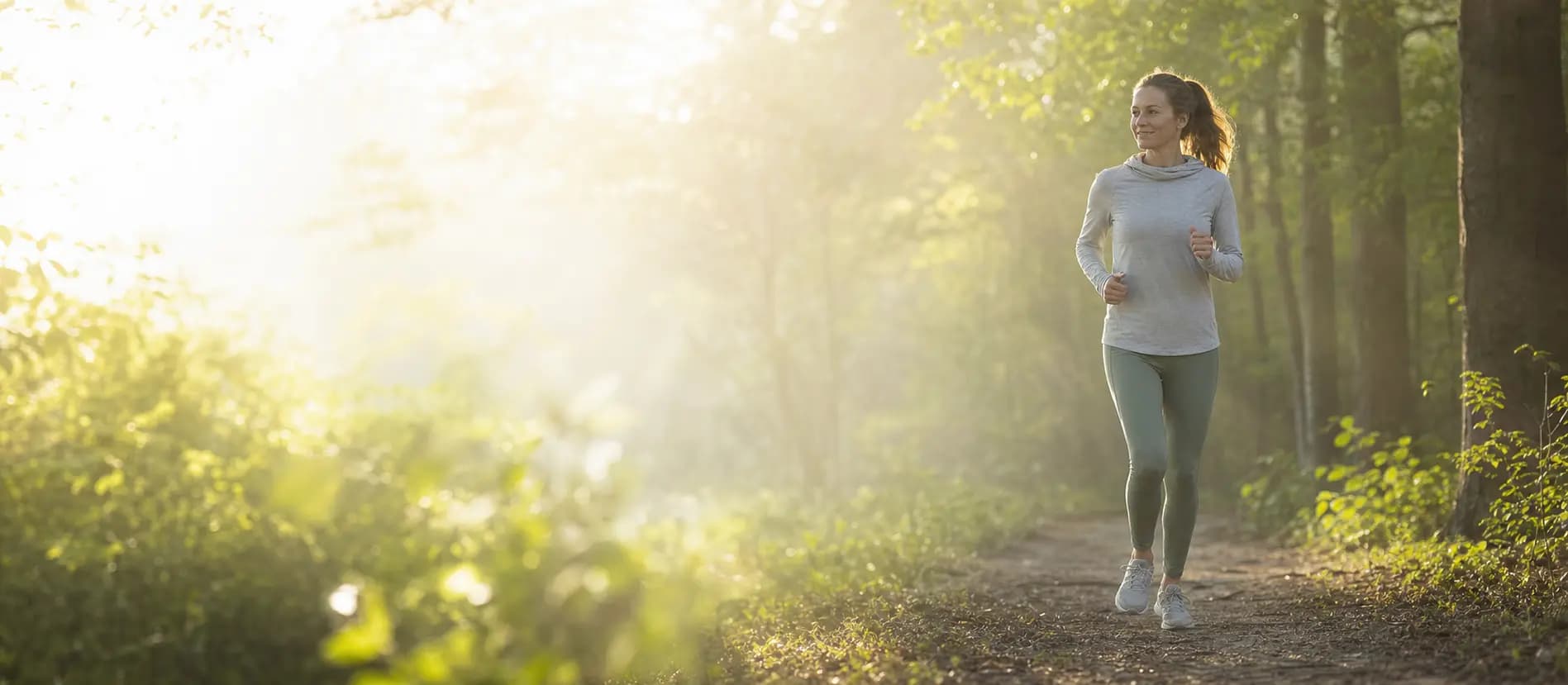 Eine Frau joggt bei Morgenlicht auf einem Waldweg