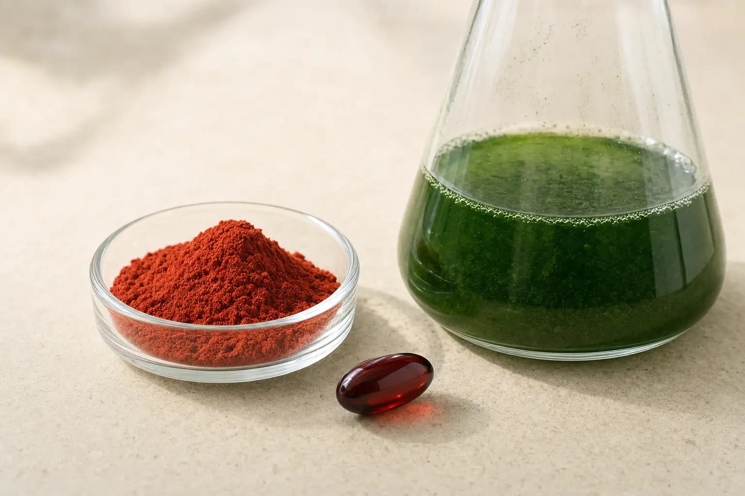 Eine Glasschale mit rotem Pulver und eine dunkelrote Softgel-Kapsel auf einer hellen Steinfläche, daneben ein Erlenmeyerkolben mit grüner Algenkultur.