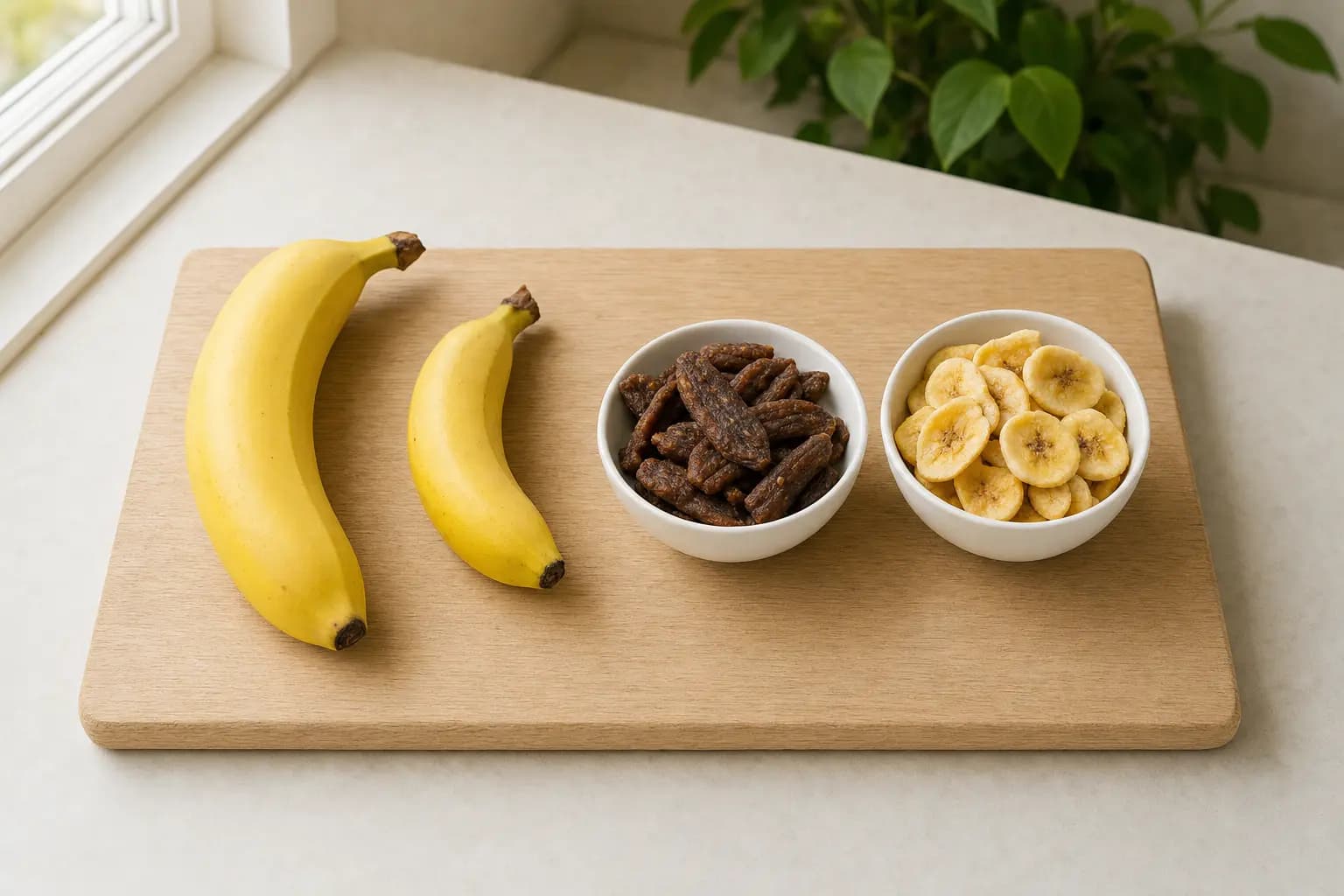 Auf einem hellen Holzbrett am Fenster liegen eine große und eine kleinere Banane, daneben eine weiße Schale mit dunkelbraunen getrockneten Bananenstücken und eine weiße Schale mit hellgelben Bananenchips.