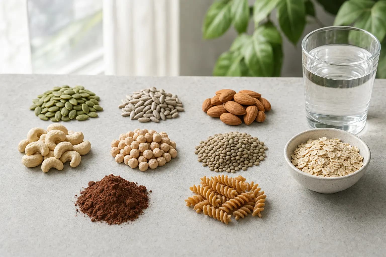 Kleine Häufchen Kürbiskerne, Sonnenblumenkerne, Mandeln, Cashewkerne, helle Nüsse, Linsen, Kakaopulver und Vollkornnudeln auf einer hellen Steinfläche, dazu eine Schale Haferflocken und ein Glas Wasser.