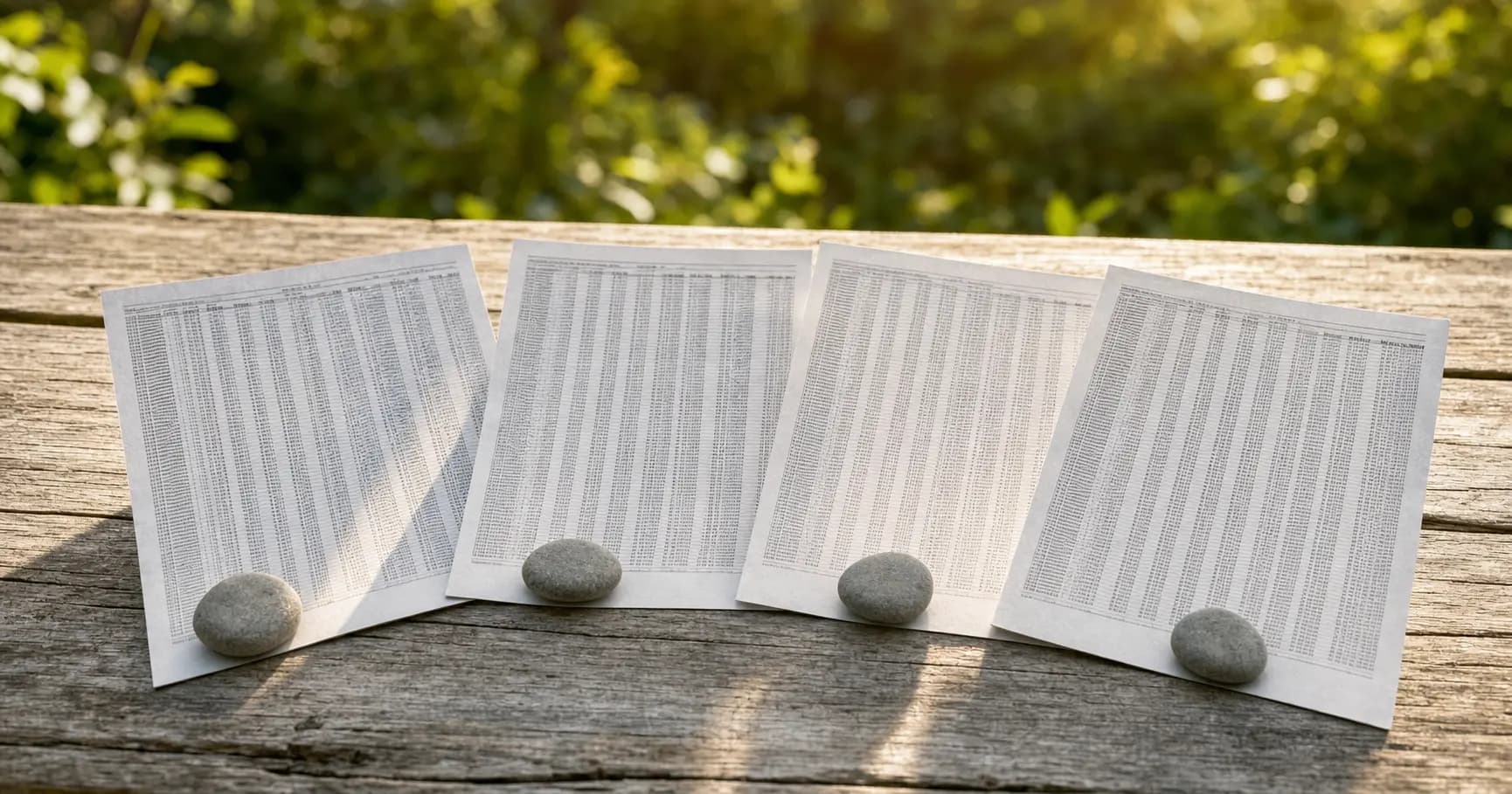 Vier eng bedruckte Dokumentseiten liegen leicht überlappend auf einer verwitterten Holzplatte, jede von einem glatten grauen Kieselstein beschwert; dahinter unscharfes, sonnenbeschienenes Laub.