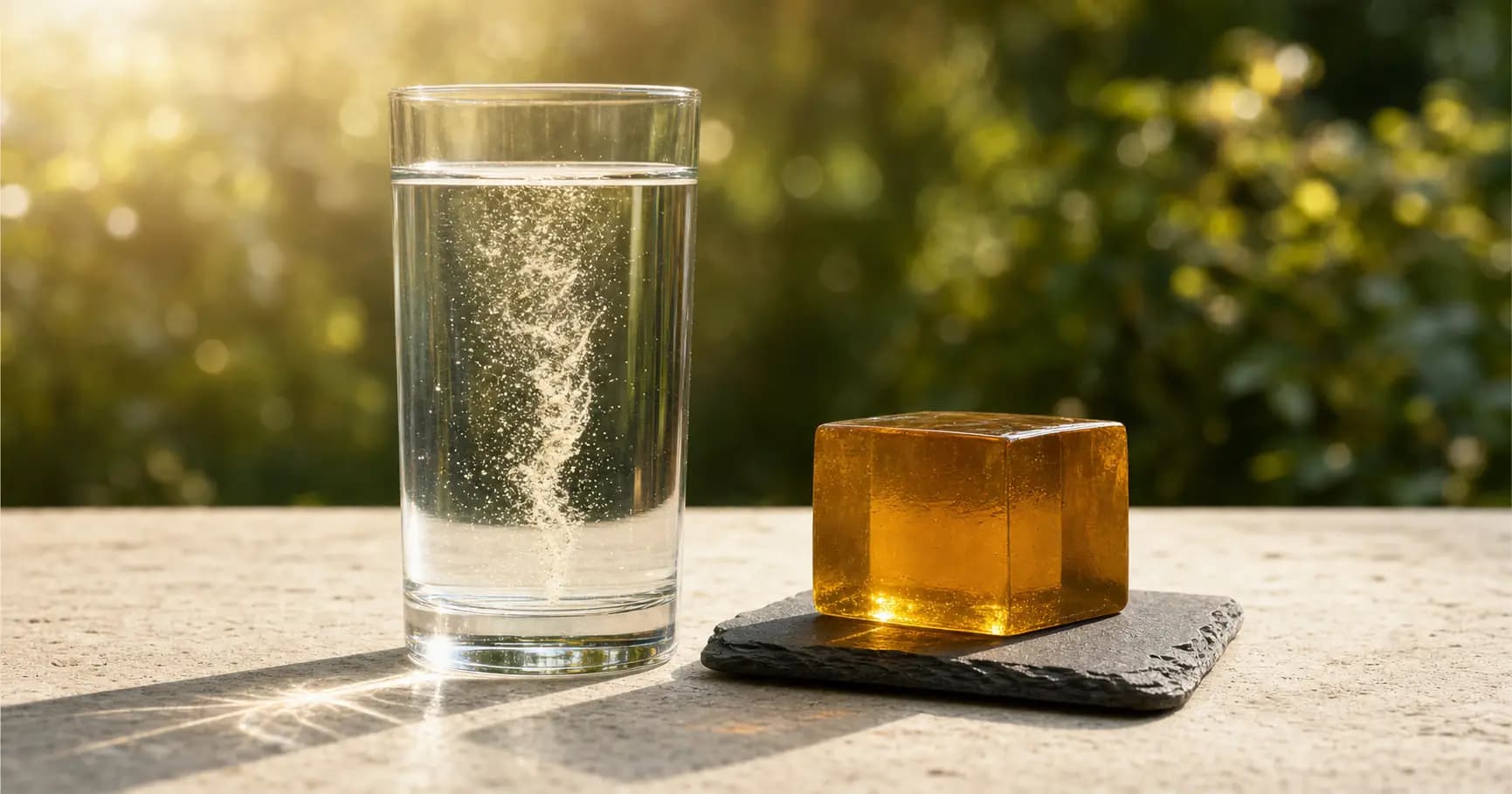Ein Glas klares Wasser, in dem sich feines Pulver als helle Schliere auflöst, daneben ein bernsteinfarbener Gelatinewürfel auf einer Schieferplatte, beides im Gegenlicht vor unscharfem Grün.