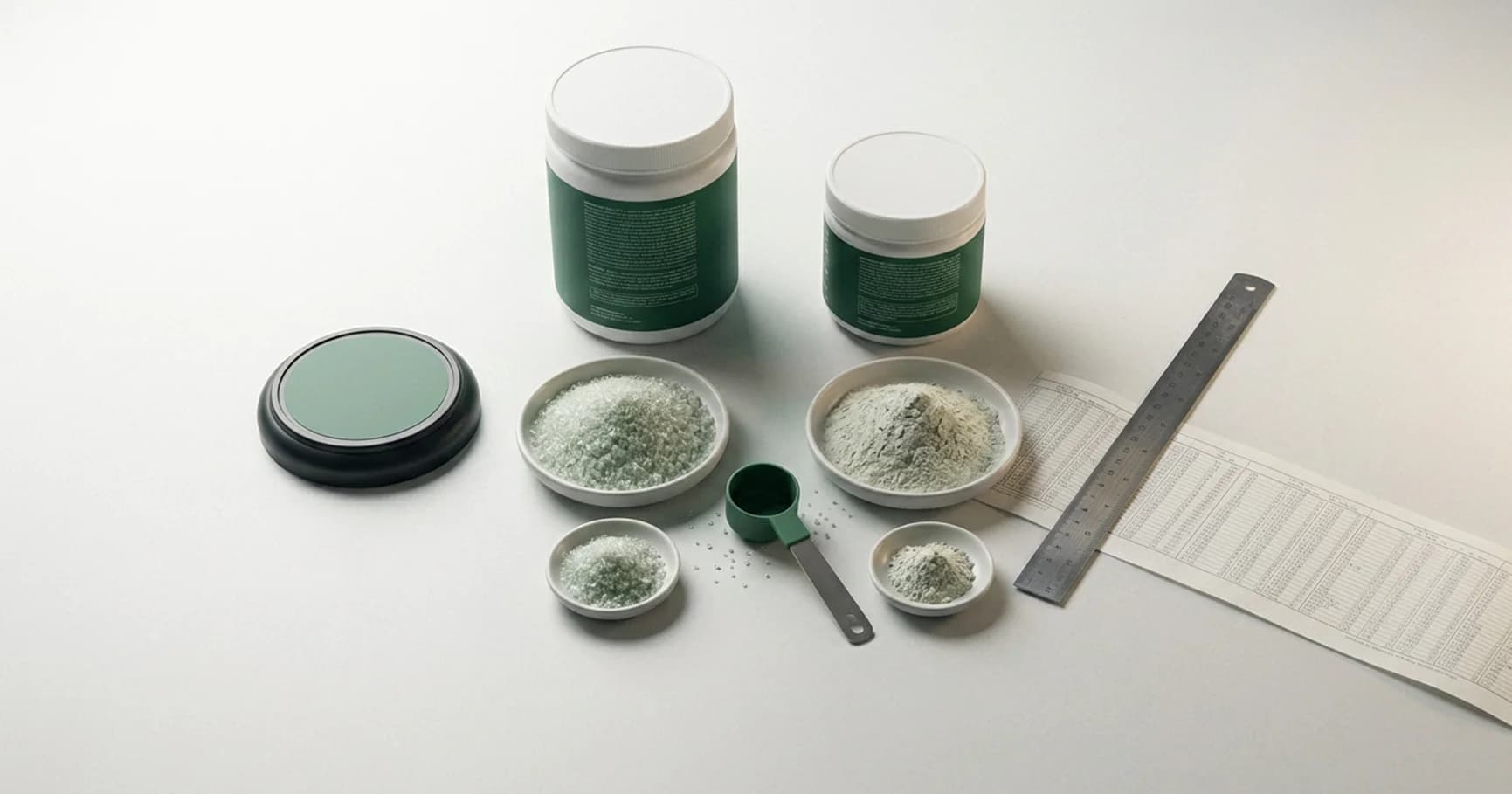 Zwei Dosen mit grünem Etikett und vier kleine Schalen mit Pulver auf heller Fläche — links grobkörnig, rechts fein — daneben ein Messlöffel, ein Stahllineal und ein bedruckter Papierstreifen.