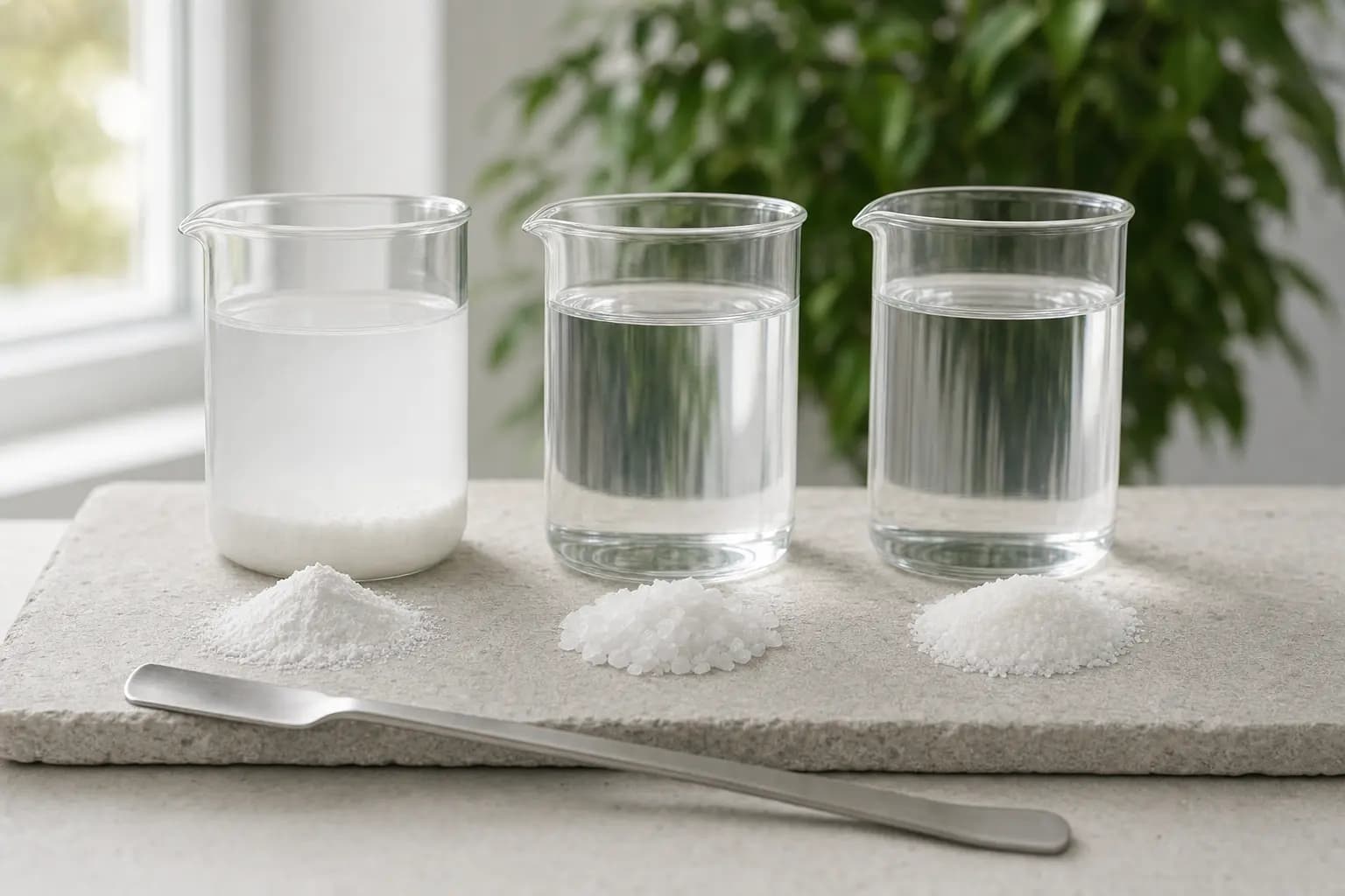 Drei Laborbecher mit Wasser in einer Reihe auf einer hellen Steinplatte: Der linke ist trüb mit weißem Bodensatz, die beiden anderen sind klar. Vor jedem Becher liegt ein kleines Häufchen weißes Pulver, links fein, in der Mitte grob kristallin, rechts körnig, davor ein Laborspatel aus Stahl; im Hintergrund ein helles Fenster und unscharfe grüne Blätter.
