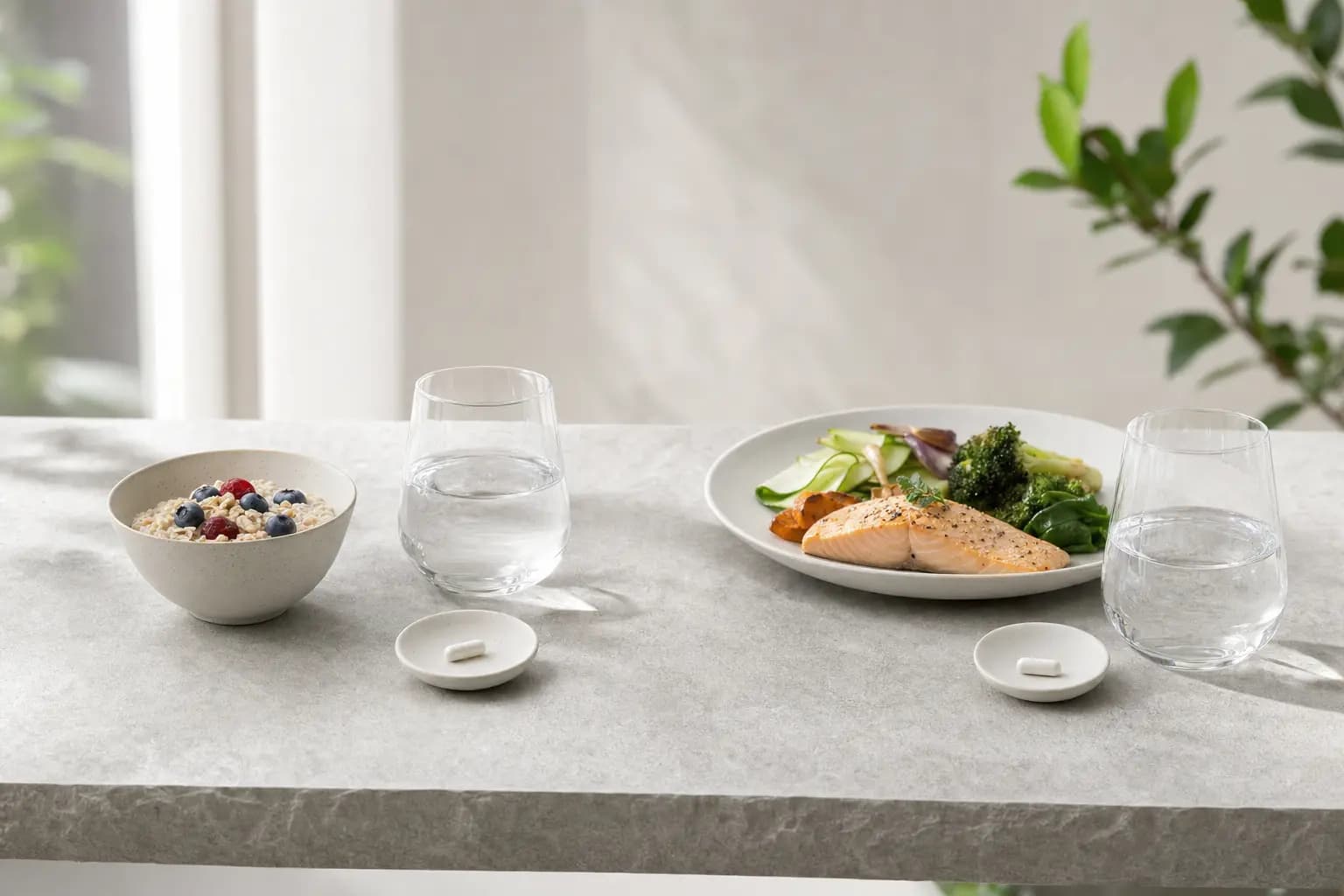 Zwei Mahlzeiten nebeneinander auf einer hellen Steinplatte: links eine Schale Haferbrei mit Blaubeeren, rechts ein Teller mit Lachs, Brokkoli und Gurke. Neben jedem Gericht steht ein Glas Wasser und liegt eine einzelne Kapsel auf einem kleinen Schälchen; im Hintergrund ein helles Fenster und unscharfe grüne Blätter.