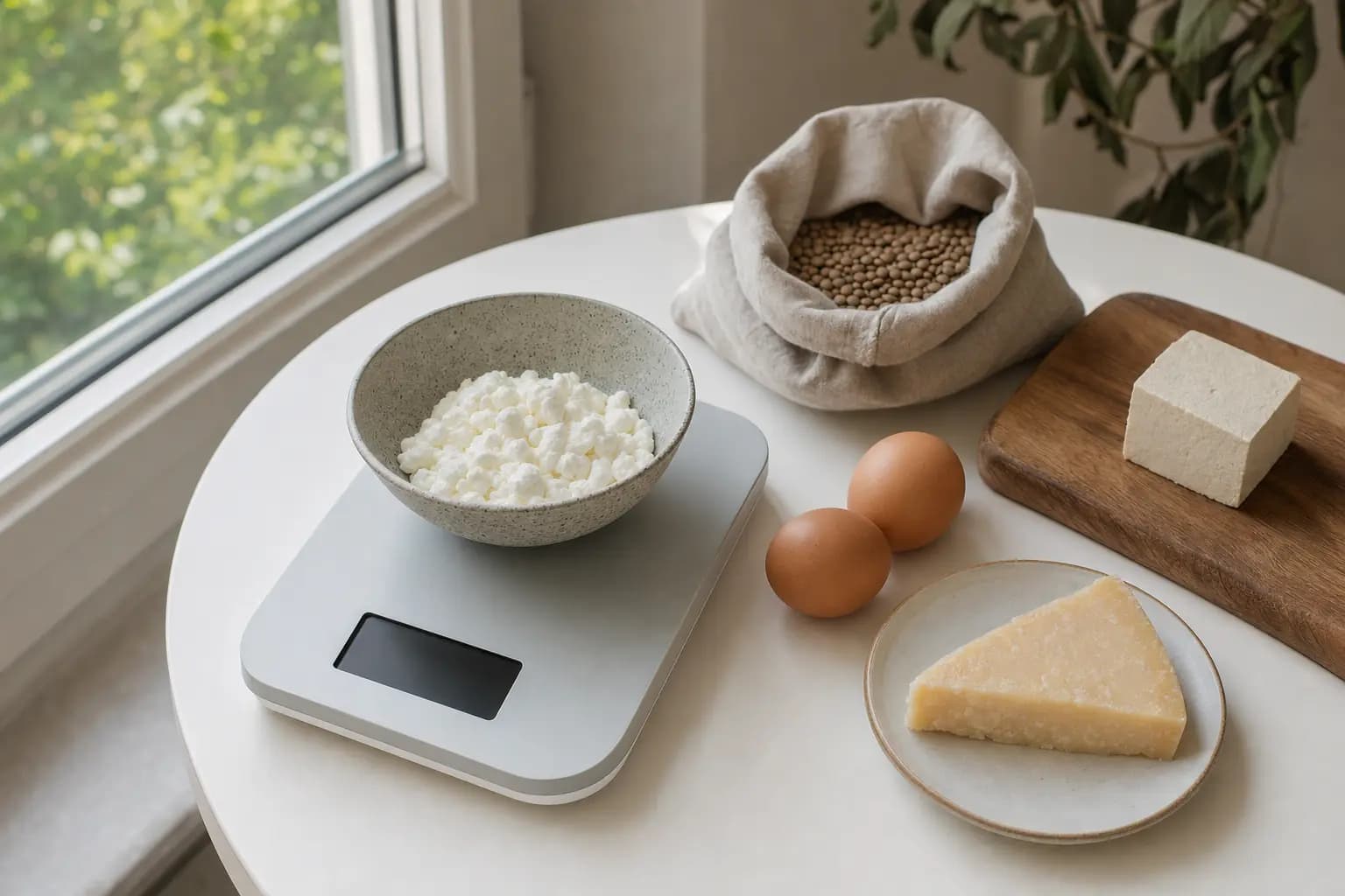 Eine Küchenwaage mit einer Schale Hüttenkäse auf einem weißen Tisch am Fenster, daneben ein Leinensäckchen mit Linsen, zwei braune Eier, ein Würfel Tofu auf einem Holzbrett und ein Stück Hartkäse auf einem Teller.