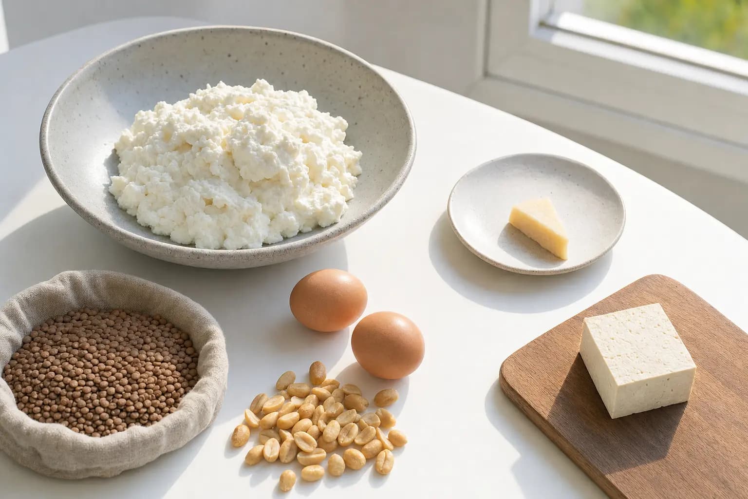 Auf einem weißen Tisch am Fenster eine große Schale Quark, daneben ein kleines Stück Hartkäse auf einem Teller, ein Leinensäckchen mit Linsen, zwei braune Eier, eine Handvoll Erdnüsse und ein Würfel Tofu auf einem Holzbrett.