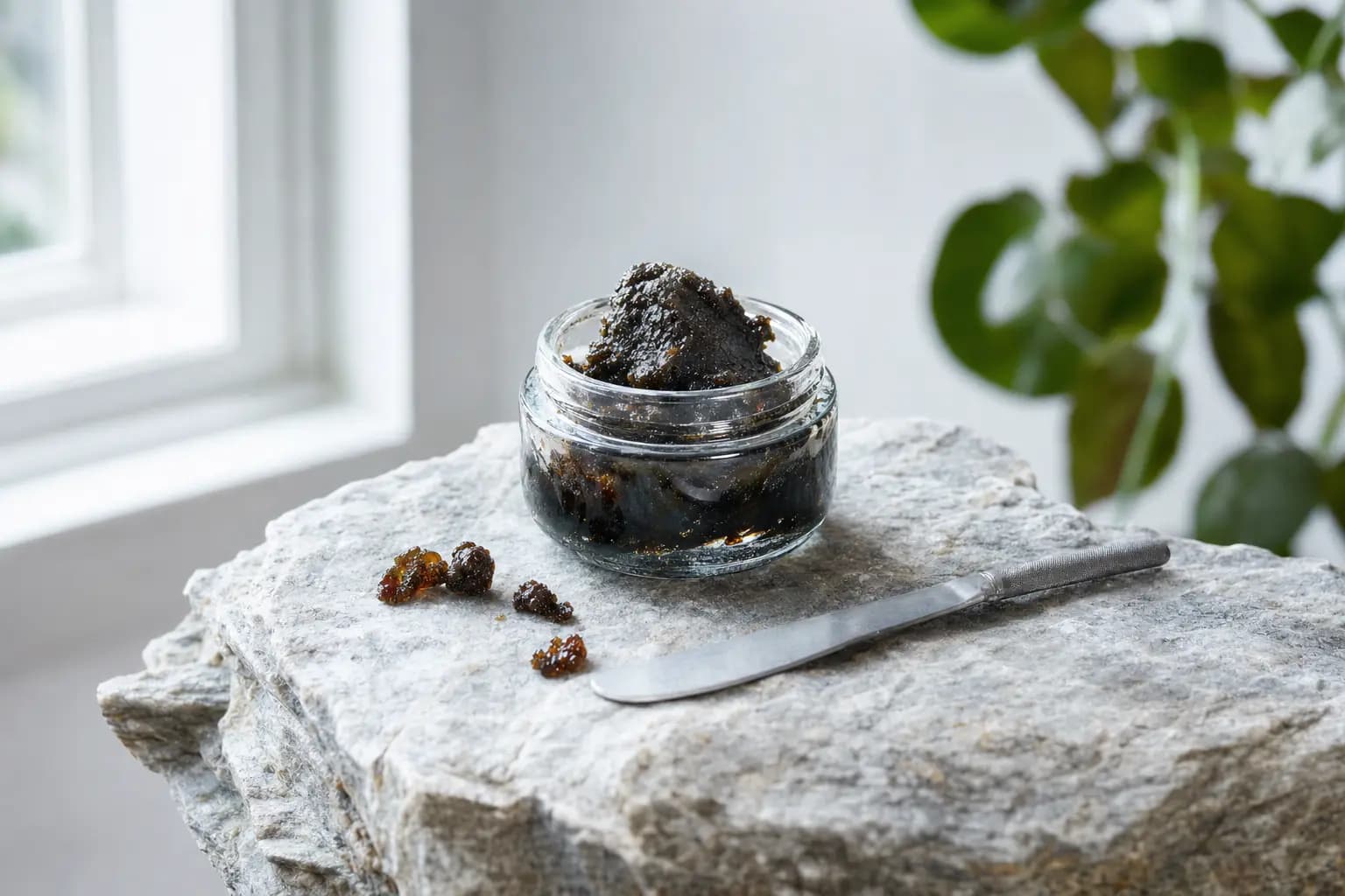 Ein kleines offenes Glas mit einem Klumpen dunkelbraunem, glänzendem Shilajit-Harz steht auf einer hellgrauen Gesteinsplatte, daneben ein paar Krümel des Harzes und ein Stahlspatel; im Hintergrund ein helles Fenster und unscharfe grüne Blätter.