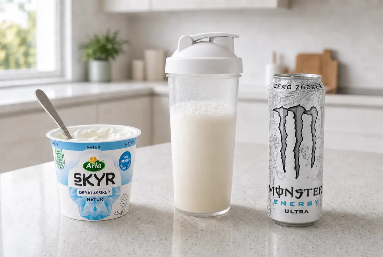 Die drei Dinge für Skyr mit Monster auf einer hellen Küchenarbeitsplatte: links ein offener Becher Skyr natur mit einem Stahllöffel, in der Mitte ein durchsichtiger Shaker mit weißem Deckel und schaumigem, cremeweißem Drink, rechts eine weiße Dose Monster Energy Ultra; im Hintergrund eine helle Küche mit Fenster.