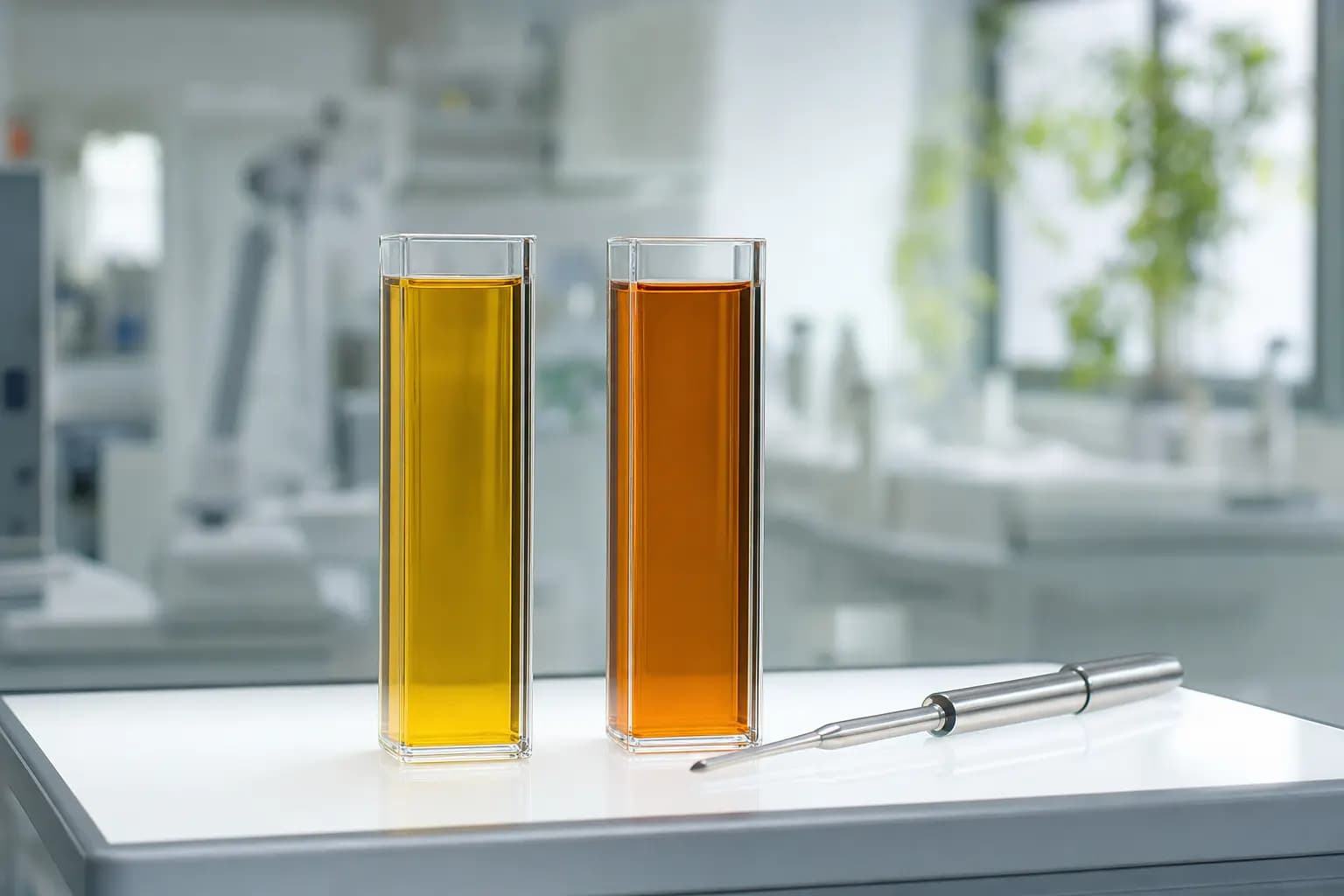 Zwei rechteckige Glasküvetten mit gelbem und dunklerem orangebraunem Öl stehen auf einem weiß leuchtenden Lichttisch, daneben liegt eine Edelstahlpipette; dahinter ein unscharfes, helles Labor mit einer Grünpflanze am Fenster.