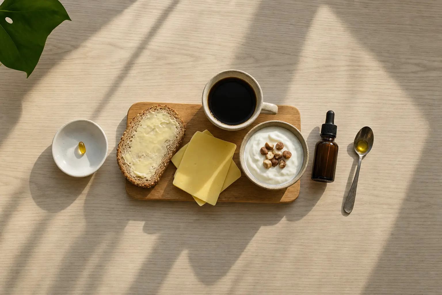 Draufsicht auf einen hellen Holztisch im Morgenlicht: auf einem Brett eine Scheibe Vollkornbrot mit Butter, Käsescheiben und eine Schale Joghurt mit Haselnüssen, dazu eine Tasse Kaffee. Links steht ein Schälchen mit einer goldgelben Weichkapsel, rechts eine braune Tropfflasche und ein Löffel mit etwas Öl.
